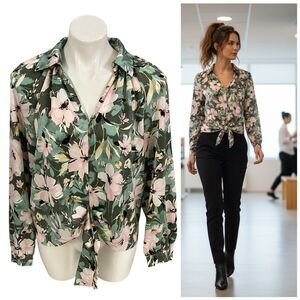 Anne Klein Top Womens Medium Floral Tie Front Blouse Green Business Casual Work
